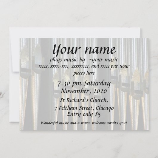 Uitnodiging voor orgaanconcert - metalen buizen (Achterkant)