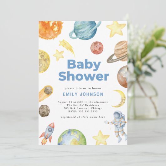 Uitnodiging voor Outer Space Baby shower (Staand voorkant)