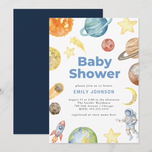 Uitnodiging voor Outer Space Baby shower (Voorkant / Achterkant)