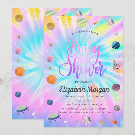 Uitnodiging voor Outer Space Tie Dye babyborrel (Voorkant / Achterkant)