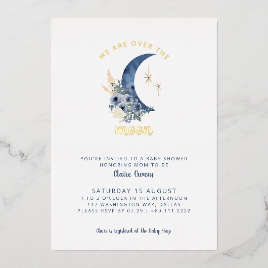 Uitnodiging voor Over the Moon Baby Shower (Voorkant)