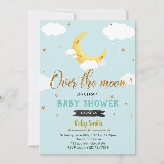 Uitnodiging voor over the moon showerfeest (Voorkant)