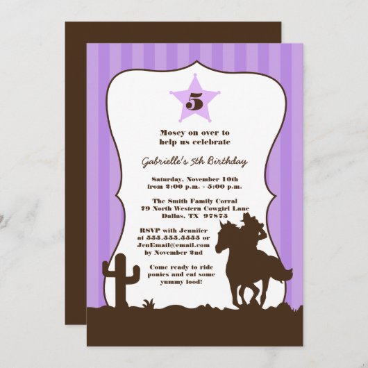 Uitnodiging voor Paarse cowgirl op verjaardagsfees (Voorkant / Achterkant)