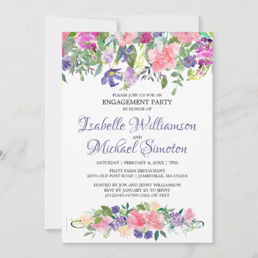 Uitnodiging voor Paarse en roze Floral Engagement (Voorkant)