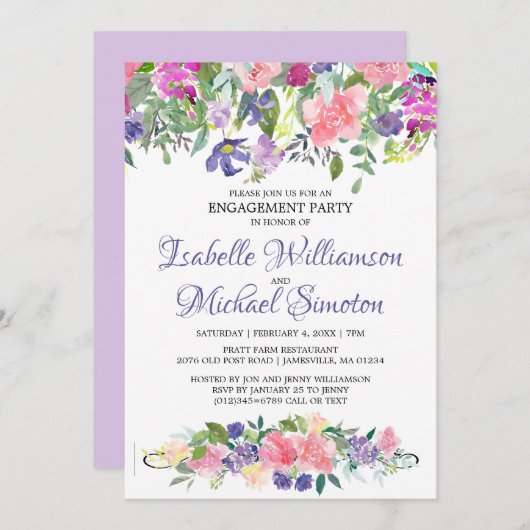Uitnodiging voor Paarse en roze Floral Engagement (Voorkant / Achterkant)
