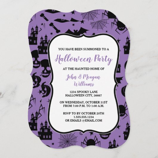 Uitnodiging voor Paarse en zwarte Halloween-partij (Voorkant / Achterkant)