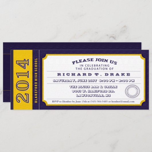 Uitnodiging voor Paarse & Gold Ticket Graduet Part (Voorkant / Achterkant)