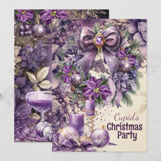 Uitnodiging voor paarse kerstvakantiefeest (Voorkant / Achterkant)