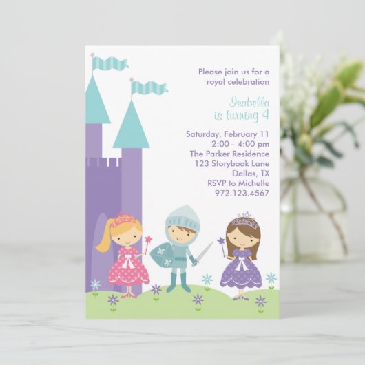  uitnodiging voor Paarse, roze en Blauwgroen prins (Staand voorkant)