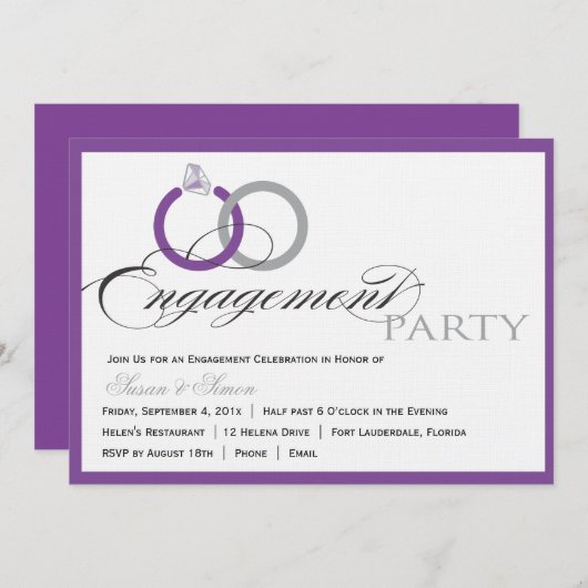 Uitnodiging voor Paarse Script Engagement Party (Voorkant / Achterkant)