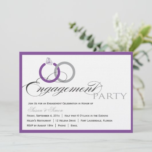 Uitnodiging voor Paarse Script Engagement Party (Staand voorkant)