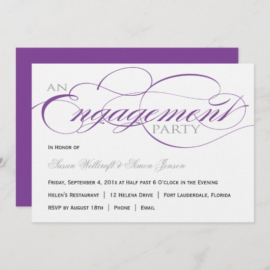 Uitnodiging voor Paarse Script Engagement Party (Voorkant / Achterkant)