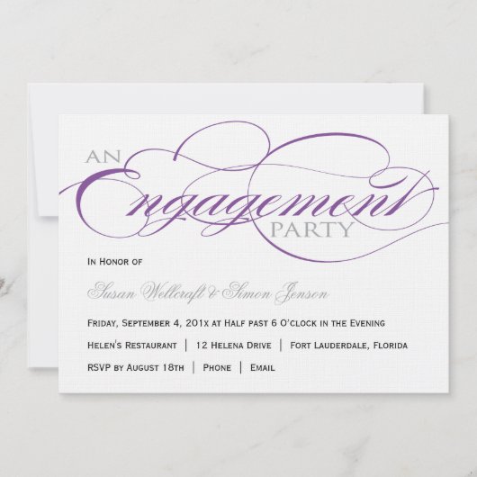 Uitnodiging voor Paarse Script Engagement Party (Voorkant)