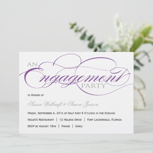 Uitnodiging voor Paarse Script Engagement Party (Staand voorkant)