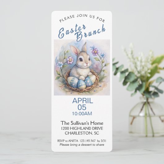 Uitnodiging voor paasbrunch met paaskonijn. (Staand voorkant)
