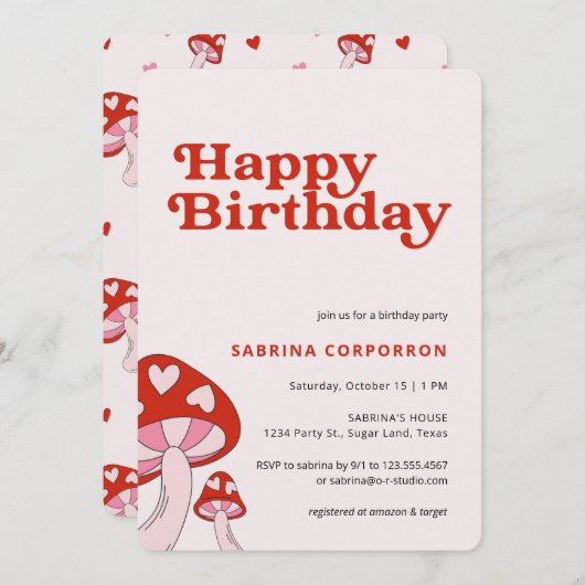 Uitnodiging voor paddenstoel verjaardagsfeestje | (Voorkant / Achterkant)