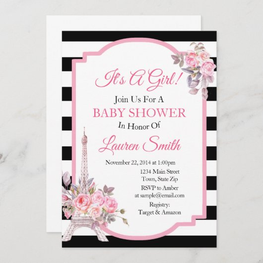 Uitnodiging voor Paris Baby Shower Eiffeltoren (Voorkant / Achterkant)