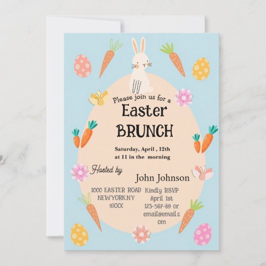 Uitnodiging voor Pasen Brunch | Cute Pastel Konijn (Voorkant)
