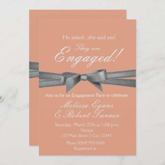 Uitnodiging voor Peach & Silver Bow Engagement Par (Voorkant / Achterkant)
