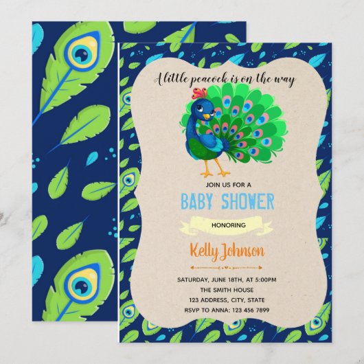 Uitnodiging voor Peacock-baby shower (Voorkant / Achterkant)