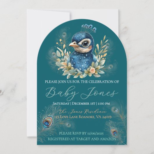 Uitnodiging voor Peacock Baby shower (Voorkant)
