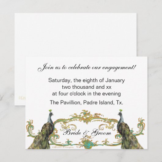 Uitnodiging voor Peacock & Gold Engagement Party (Voorkant / Achterkant)