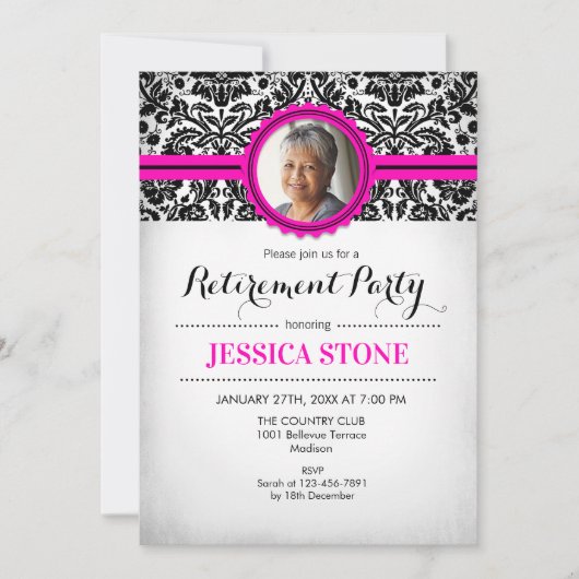 Uitnodiging voor pensioen Foto - Hot Pink Black Wh (Voorkant)