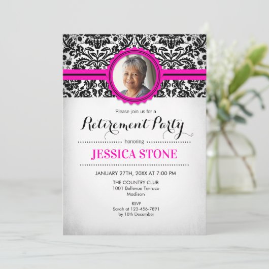Uitnodiging voor pensioen Foto - Hot Pink Black Wh (Staand voorkant)