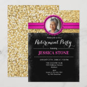 Uitnodiging voor pensioen met foto - Pink Gold Bla (Voorkant / Achterkant)