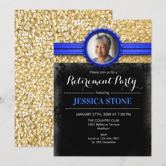 Uitnodiging voor pensioen met foto - Royal Blue Go (Voorkant / Achterkant)