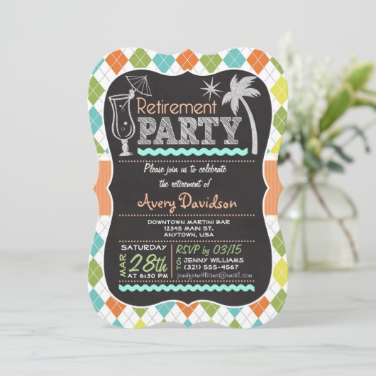 Uitnodiging voor pensioenfeest; kleurrijke retro a (Staand voorkant)