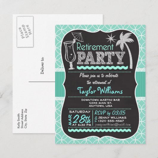 Uitnodiging voor pensioenfeest op Aqua Pattern (Voorkant / Achterkant)