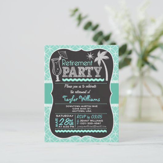 Uitnodiging voor pensioenfeest op Aqua Pattern (Staand voorkant)