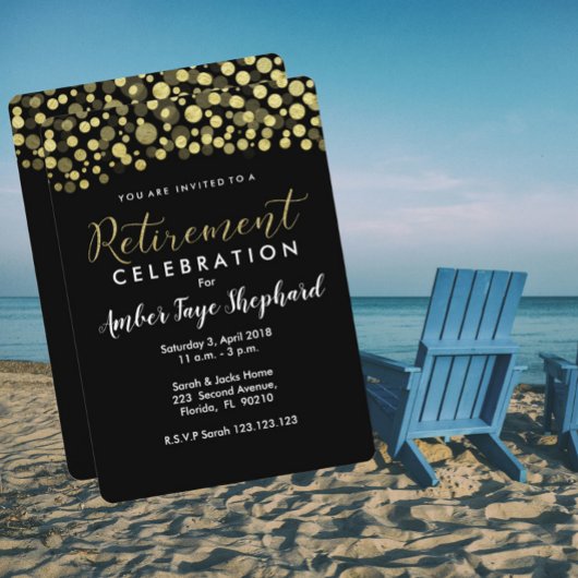 Uitnodiging voor pensioenfeest, zwart en goud