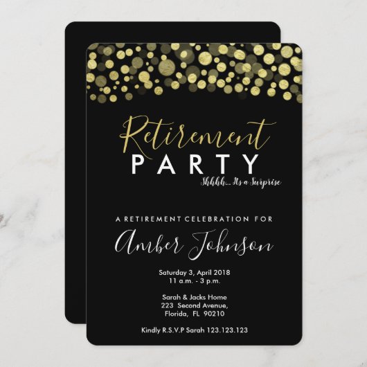 Uitnodiging voor Pensioenfeest, zwart en goud (Voorkant / Achterkant)