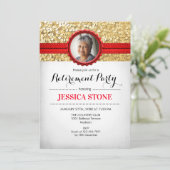 Uitnodiging voor pensionering met foto - rood goud (Staand voorkant)