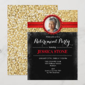 Uitnodiging voor pensionering met foto - rood goud (Voorkant / Achterkant)
