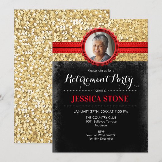 Uitnodiging voor pensionering met foto - rood goud (Voorkant / Achterkant)