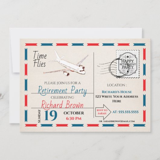 Uitnodiging voor  pensionering met vliegtuig (Voorkant)