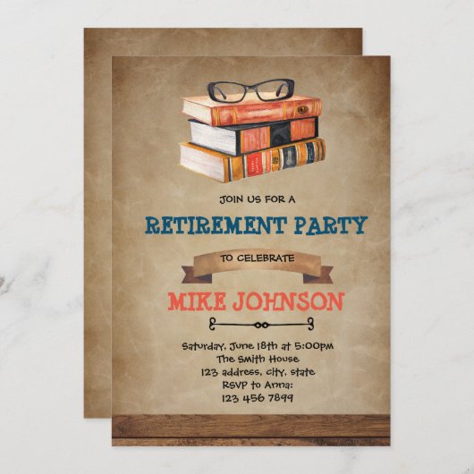 Uitnodiging voor pensionering van bibliothecaris m (Voorkant / Achterkant)