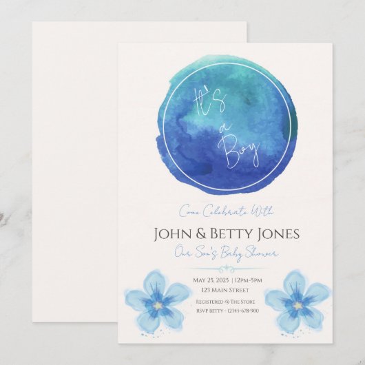 Uitnodiging voor persoonlijk Waterverf Baby shower (Voorkant / Achterkant)