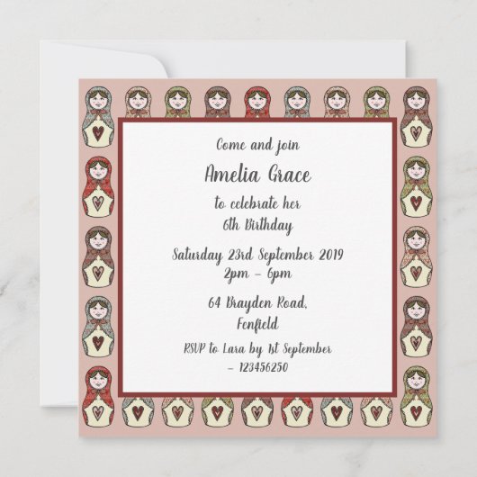 Uitnodiging voor persoonlijke Russische Doll Matry (Achterkant)