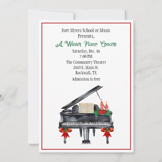 Uitnodiging voor pianoconcert met kerstthema (Voorkant)
