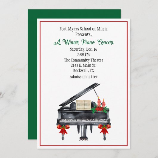Uitnodiging voor pianoconcert tijdens de feestdage (Voorkant / Achterkant)
