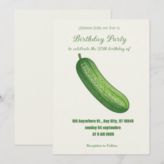 Uitnodiging voor Pickles & Komkommer Verjaardagsfe (Voorkant / Achterkant)