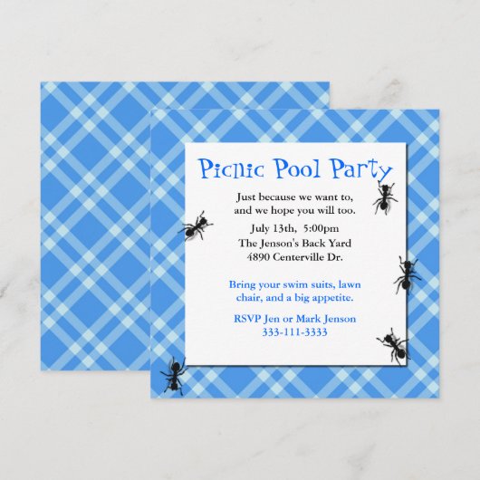Uitnodiging voor Picnic Ants Blue Pset (Voorkant / Achterkant)