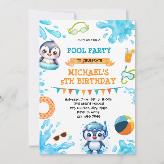 Uitnodiging voor pinguïn zwembadfeest (Voorkant)