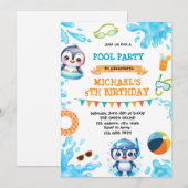 Uitnodiging voor pinguïn zwembadfeestje (Voorkant / Achterkant)