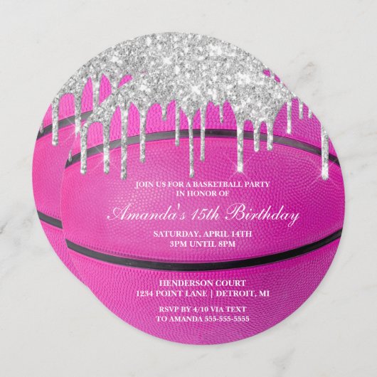 Uitnodiging voor Pink Silver Drip Meisjesbasketbal (Voorkant / Achterkant)