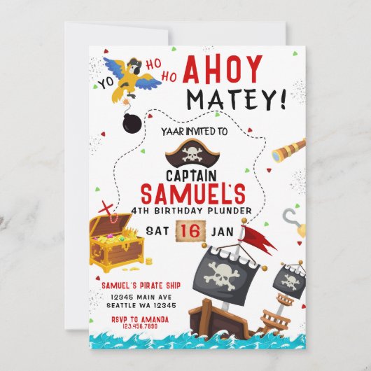 Uitnodiging voor piratenverjaardag Ahoy Pirate Par (Voorkant)